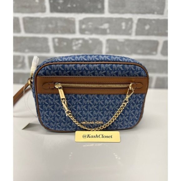 Michael Kors Chain Crossbody Denim Multi  Zip Xbody Messenger Signature Blue MK - Picture 2 of 9